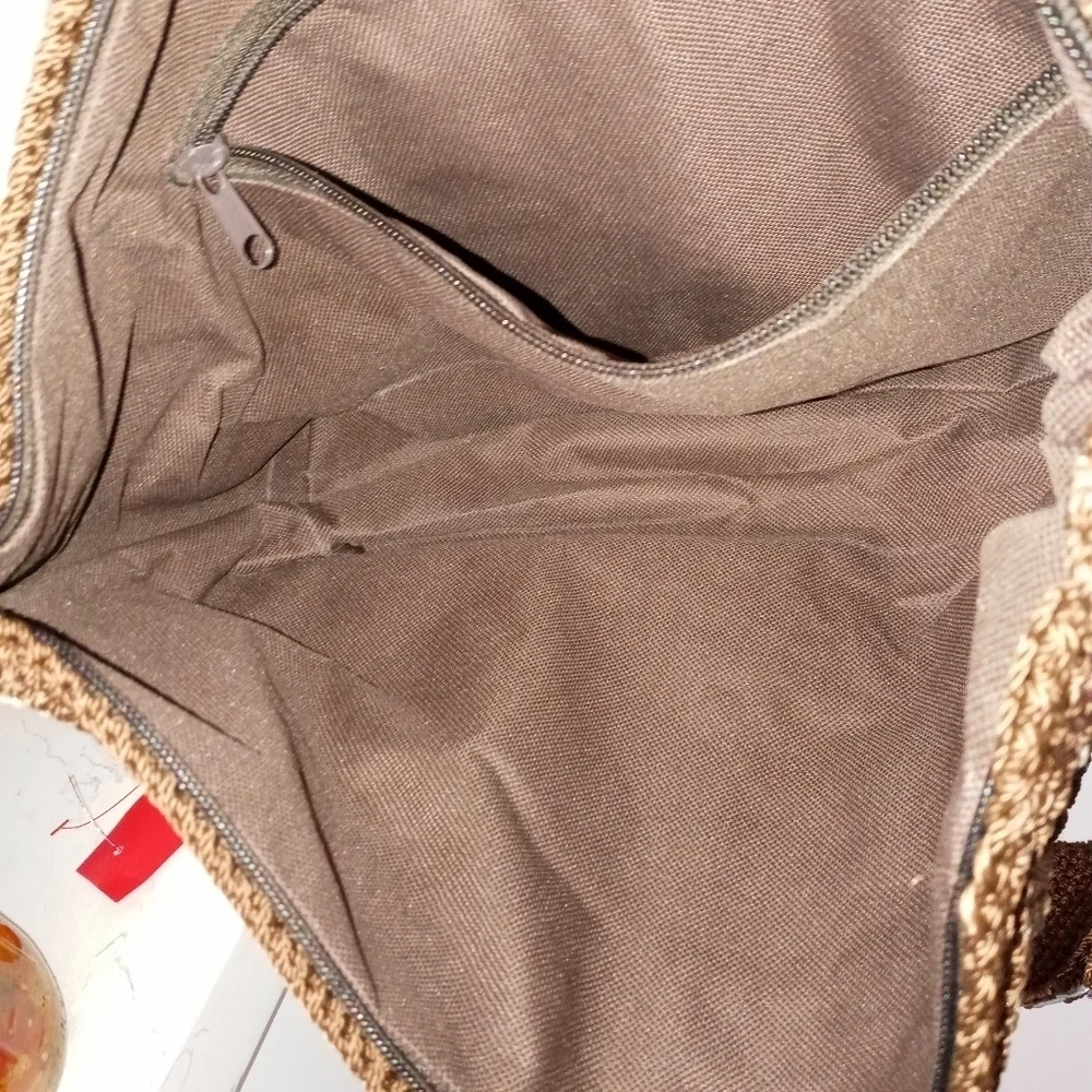 Handmade Crochet Hobo Bag made with Silver Flip top Soda can Tabs.Brown Beige